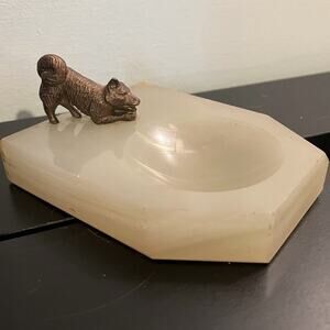 Antique Green Marble Ashtray/Pipe Rest with Brass Huskey Dog on Edge